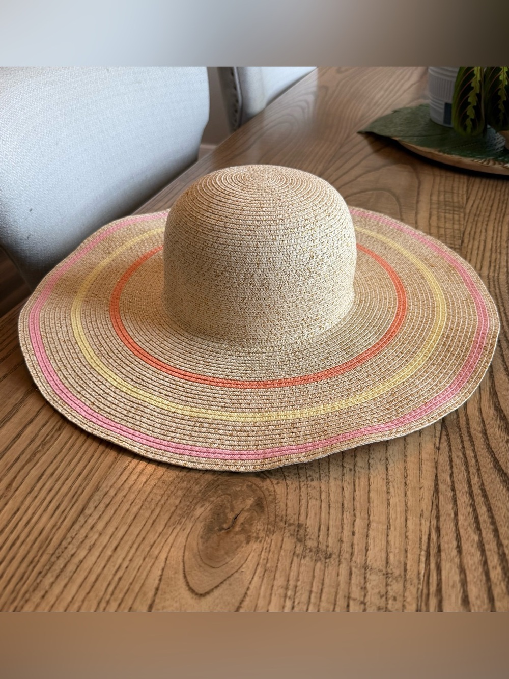 Wide-Brim Straw Sun Hat with Pink & Yellow Accent